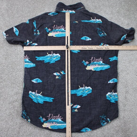 Vissla Waikikooks Shirt Mens XL Black/Blue Beach Print Cotton/Viscose S/S Button - Picture 11 of 14